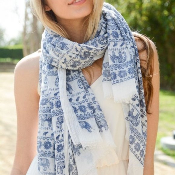 Navy & White Lightweight Elephant Boho Scarf - Picture 1 of 2